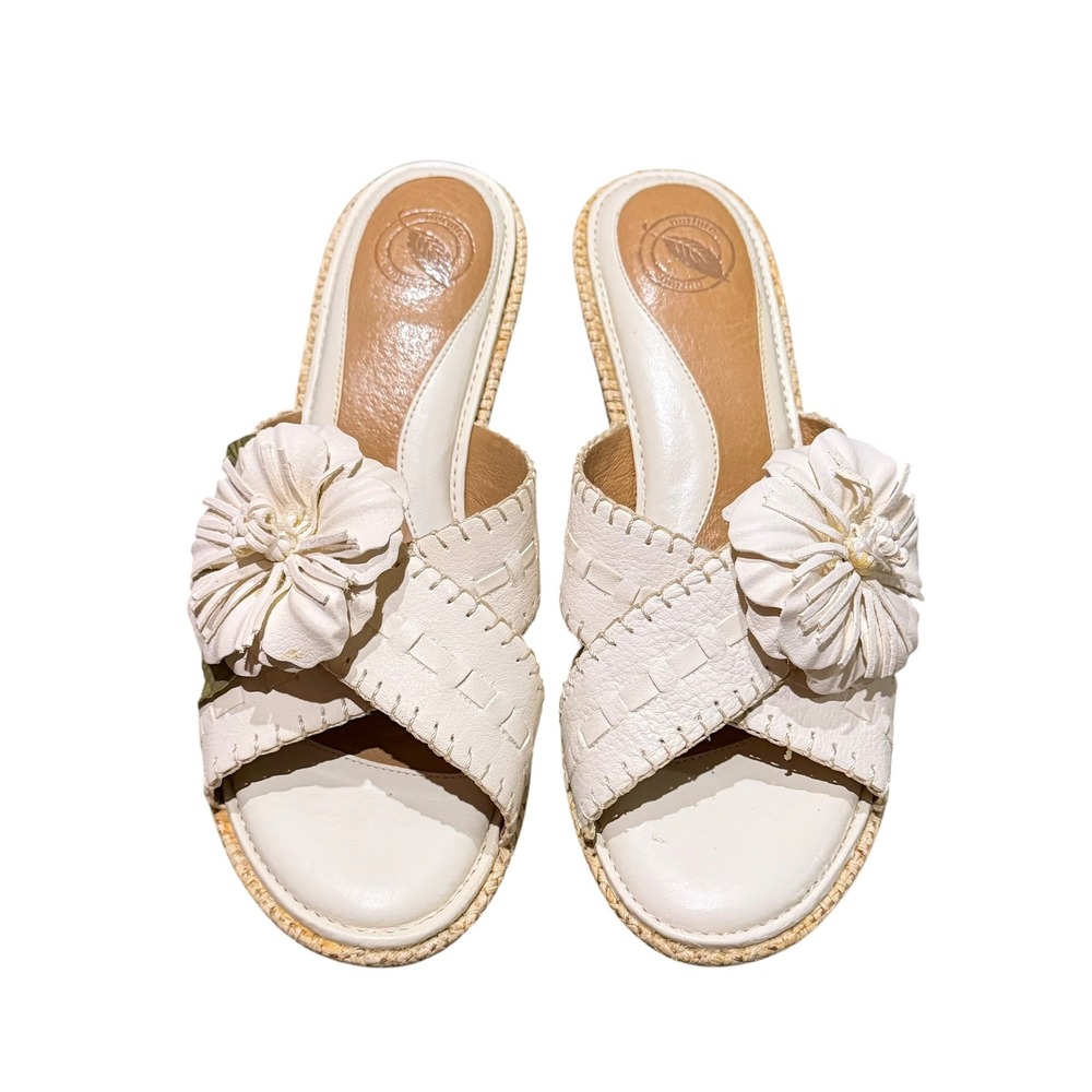 Nurture Cream Leather Floral Wedge Sandals Raffia Platform Slides Womens 9M